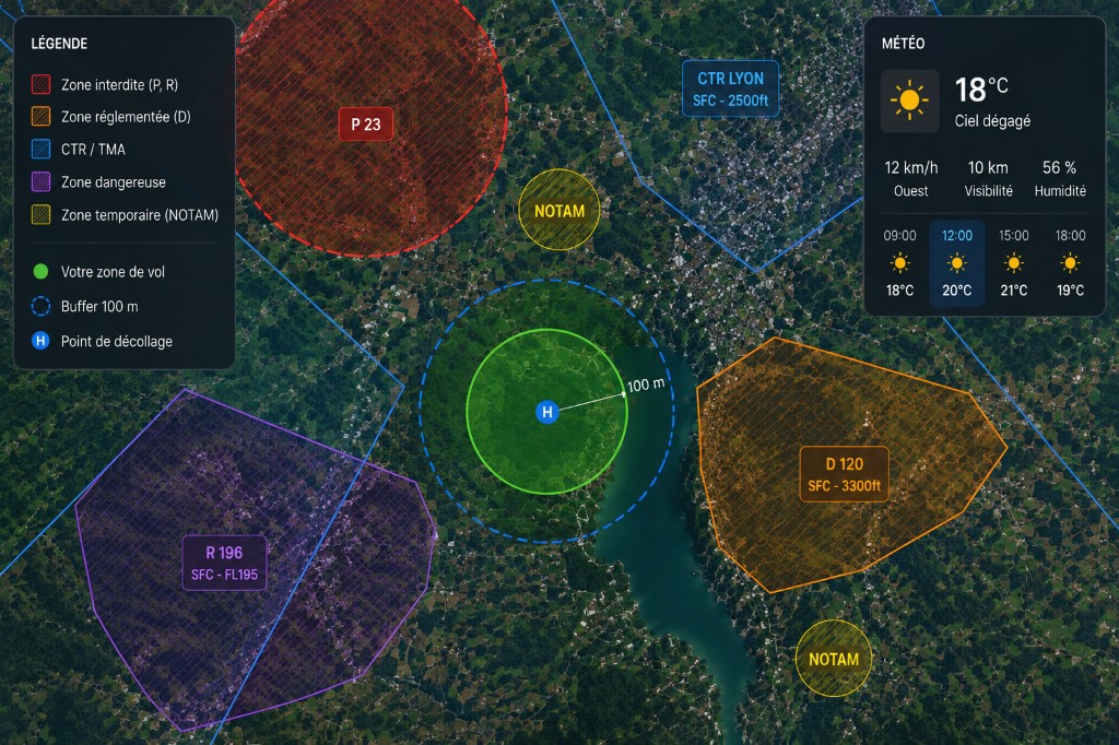Carte aérienne avec zones de restriction, NOTAM et météo — Dronaviz